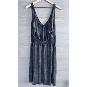 T Party Fashion Fringe Smocked Mineral Wash Boho Festival Dress Charcoal S